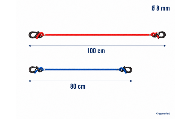 Zwei horizontale Seile mit schwarzen Karabinern an beiden Enden; oberes rotes Seil mit doppelseitigem Pfeil und Beschriftung '100 cm' sowie der Text 'Ø 8 mm', unteres blaues Seil mit doppelseitigem Pfeil und Beschriftung '80 cm'