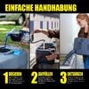 Drei Fotos zeigen Personen, die eine mobile Klimaanlage bedienen und transportieren