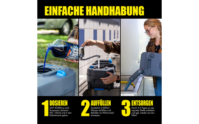 Drei Fotos zeigen Personen, die eine mobile Klimaanlage bedienen und transportieren