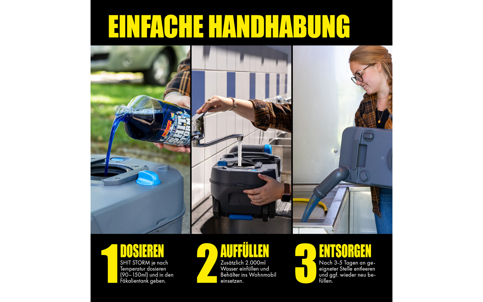 Drei Fotos zeigen Personen, die eine mobile Klimaanlage bedienen und transportieren