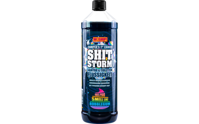 Eine schwarze und blaue Flasche mit Aufschrift Shitstorm