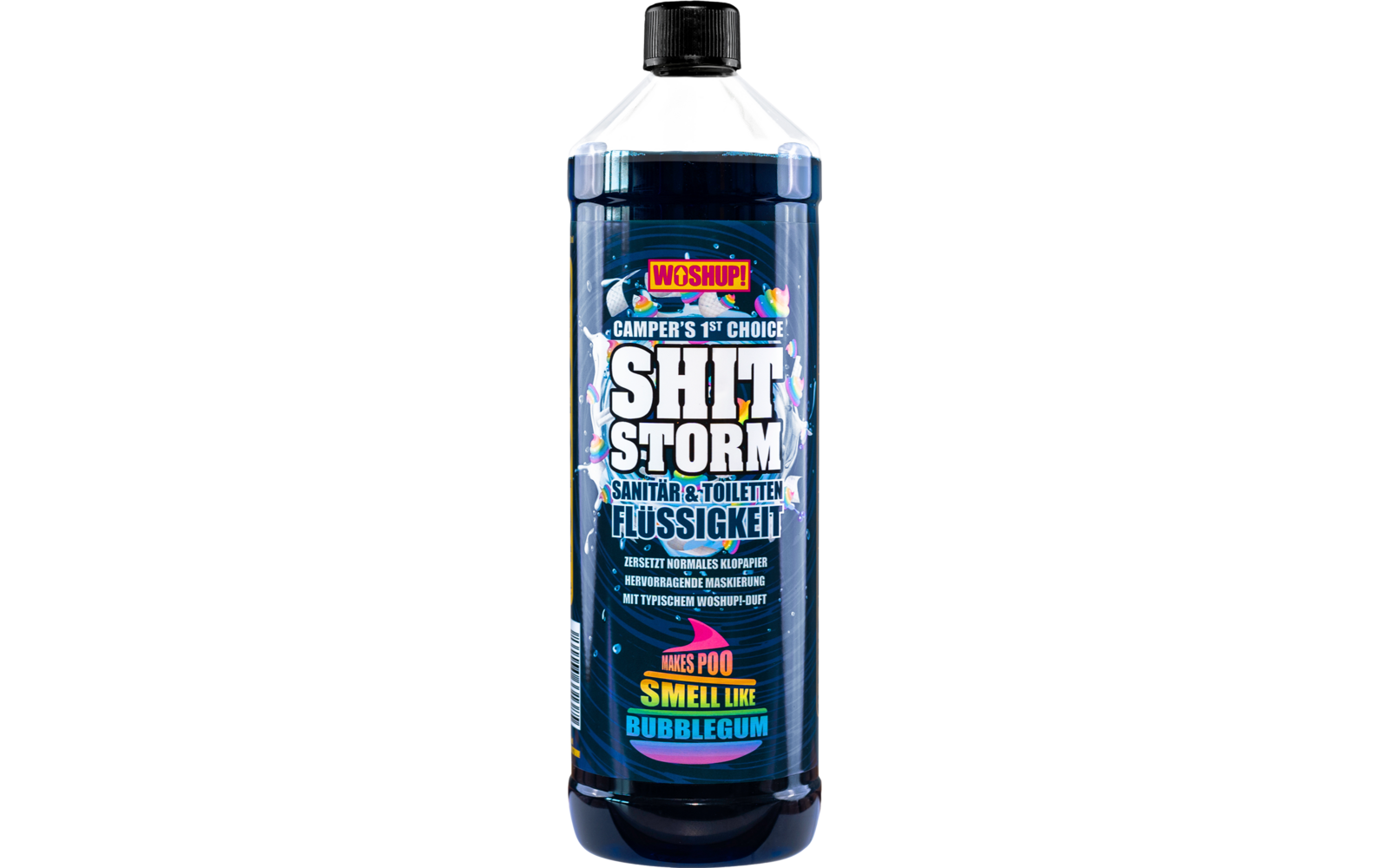 Eine schwarze und blaue Flasche mit Aufschrift Shitstorm