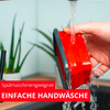 Hand hält rote Schüssel unter fließendem Wasser am Spülbecken, unscharfe Topfpflanze im Hintergrund; rote Banner mit weißem Text 'Spülmaschinengeeignet' und 'EINFACHE HANDWÄSCHE'