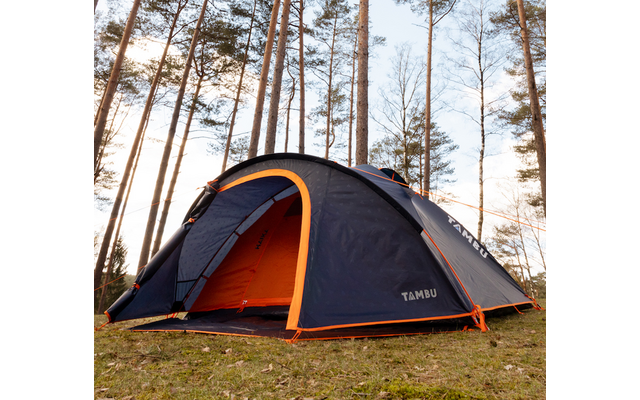 Tent on grass in the forest, tall trees surround the tent, blue sky visible