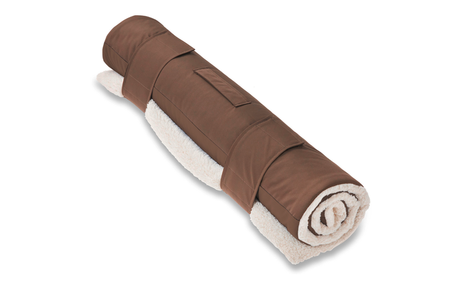 Zusammengerollte braune Decke mit weißem Innenfutter und zwei Klettverschlüssen