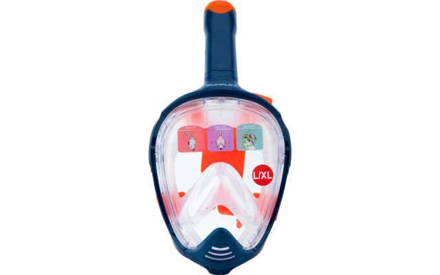 Een blauw-witte snorkelmasker met een rode snorkel en een transparant kijkvenster