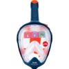 Een blauw-witte snorkelmasker met een rode snorkel en een transparant kijkvenster