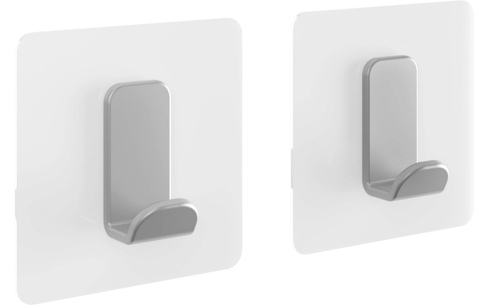 Zwei silberne Haken auf weißen, quadratischen Platten nebeneinander