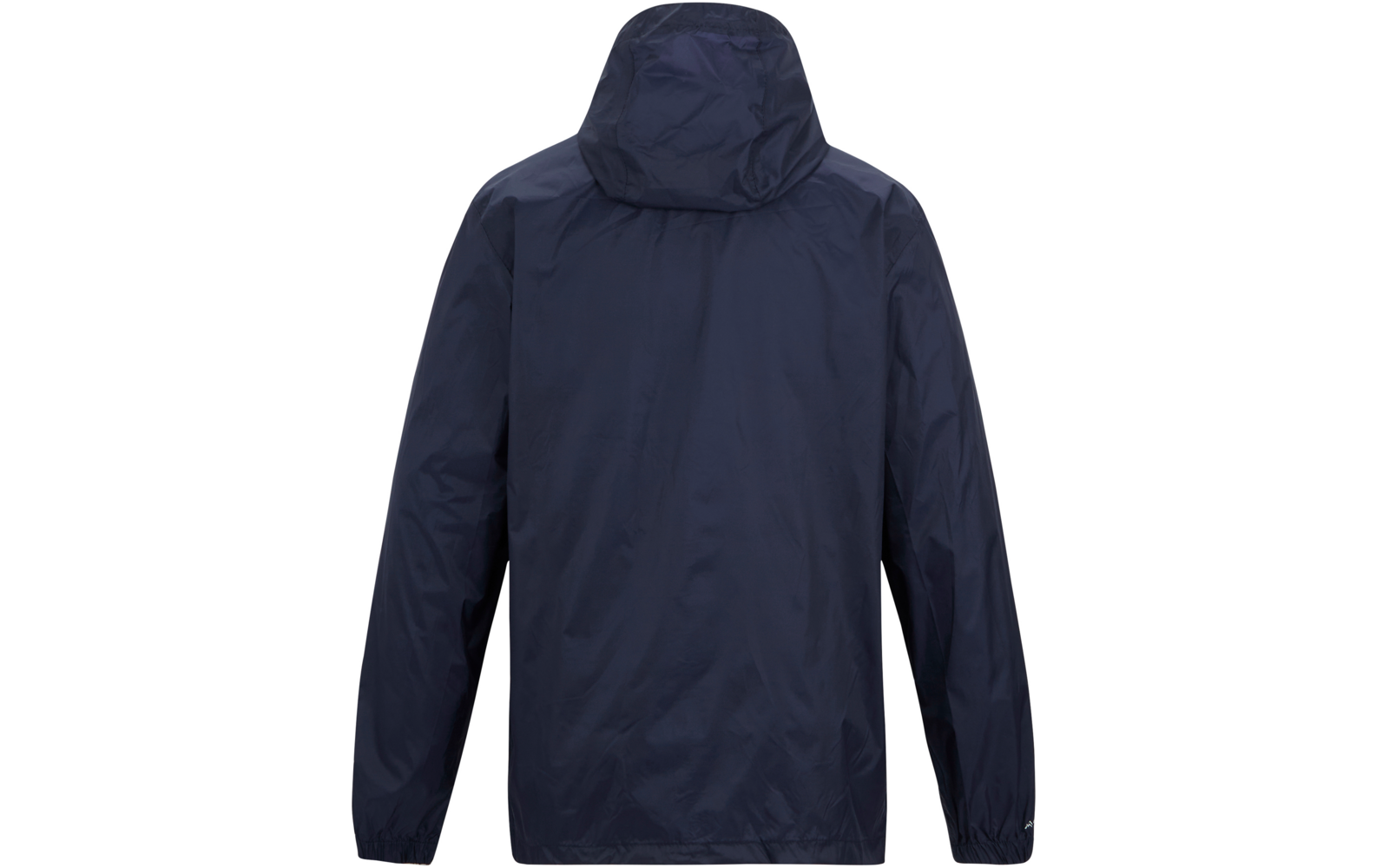 Rückansicht einer dunkelblauen Jacke mit Kapuze, langen Ärmeln und elastischen Bündchen