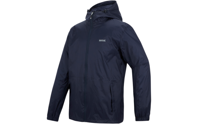 Dunkelblaue Jacke mit Kapuze, durchgehendem Reißverschluss, zwei seitlichen Taschen, elastischen Ärmelbündchen und kleinem weißen Logo auf weißem Hintergrund