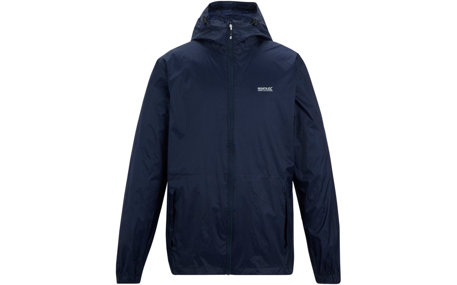 dunkelblaue Kapuzenjacke mit Reißverschluss, langen Ärmeln, zwei Fronttaschen, kleinem weißen Logo auf der linken Brust, elastischen Bündchen