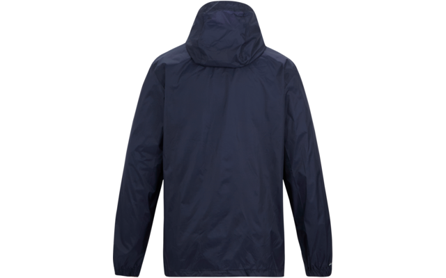 Rückansicht einer dunkelblauen Jacke mit Kapuze, langen Ärmeln und elastischen Bündchen