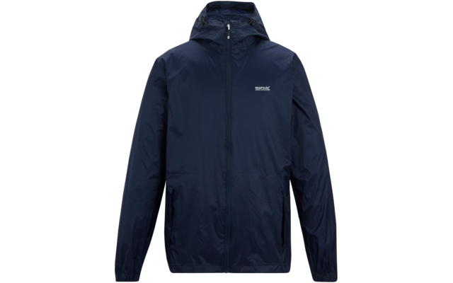 dunkelblaue Kapuzenjacke mit Reißverschluss, langen Ärmeln, zwei Fronttaschen, kleinem weißen Logo auf der linken Brust, elastischen Bündchen