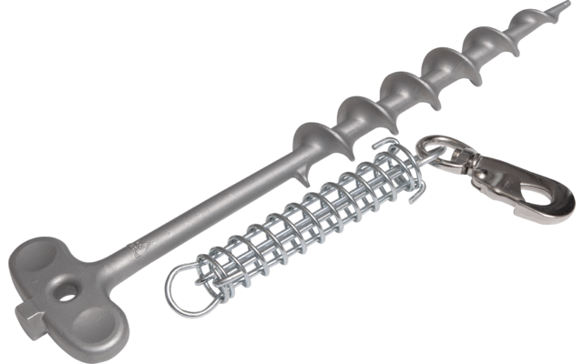 Vite metallica con asta a spirale e maniglia a T, con una molla a spirale metallica e un moschettone