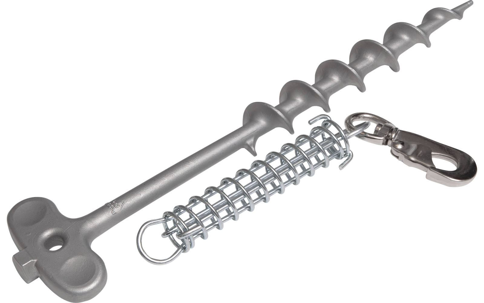 Vite metallica con asta a spirale e maniglia a T, con una molla a spirale metallica e un moschettone