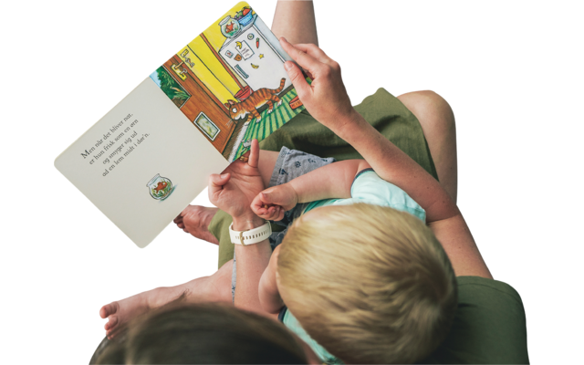 Kind und Erwachsener lesen zusammen ein Bilderbuch auf einer grauen Decke