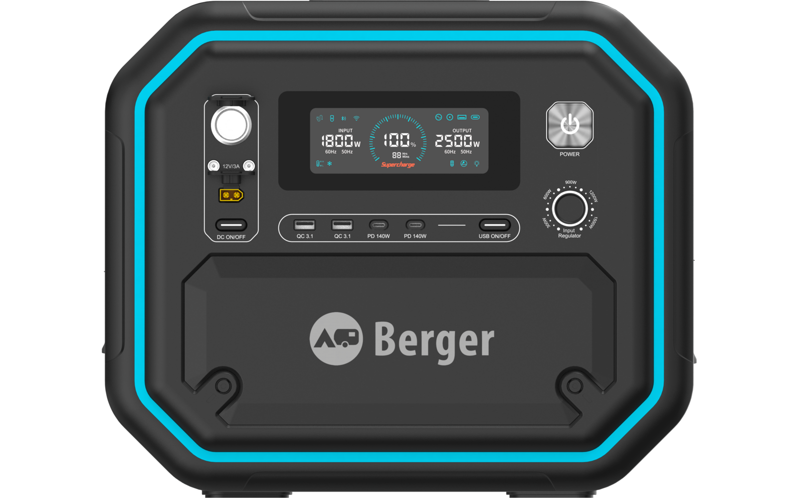 Schwarzes rechteckiges Gerät mit abgerundeten Ecken, türkisfarbener Leuchtrahmen, zentrales digitales Display mit den Anzeigen 1800W, 100% und 2500W, Drehregler, Anschlüsse und Schriftzug Berger auf der Front