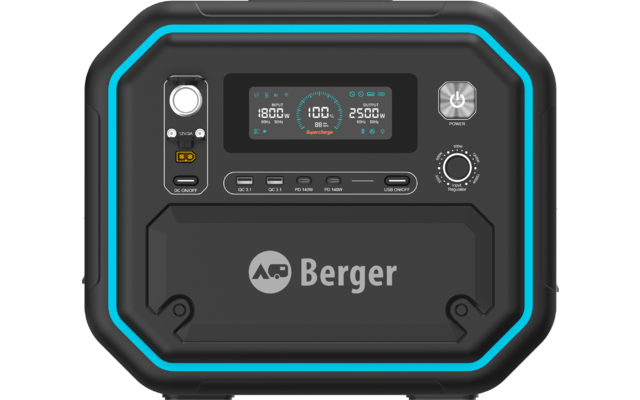 Schwarzes rechteckiges Gerät mit abgerundeten Ecken, türkisfarbener Leuchtrahmen, zentrales digitales Display mit den Anzeigen 1800W, 100% und 2500W, Drehregler, Anschlüsse und Schriftzug Berger auf der Front