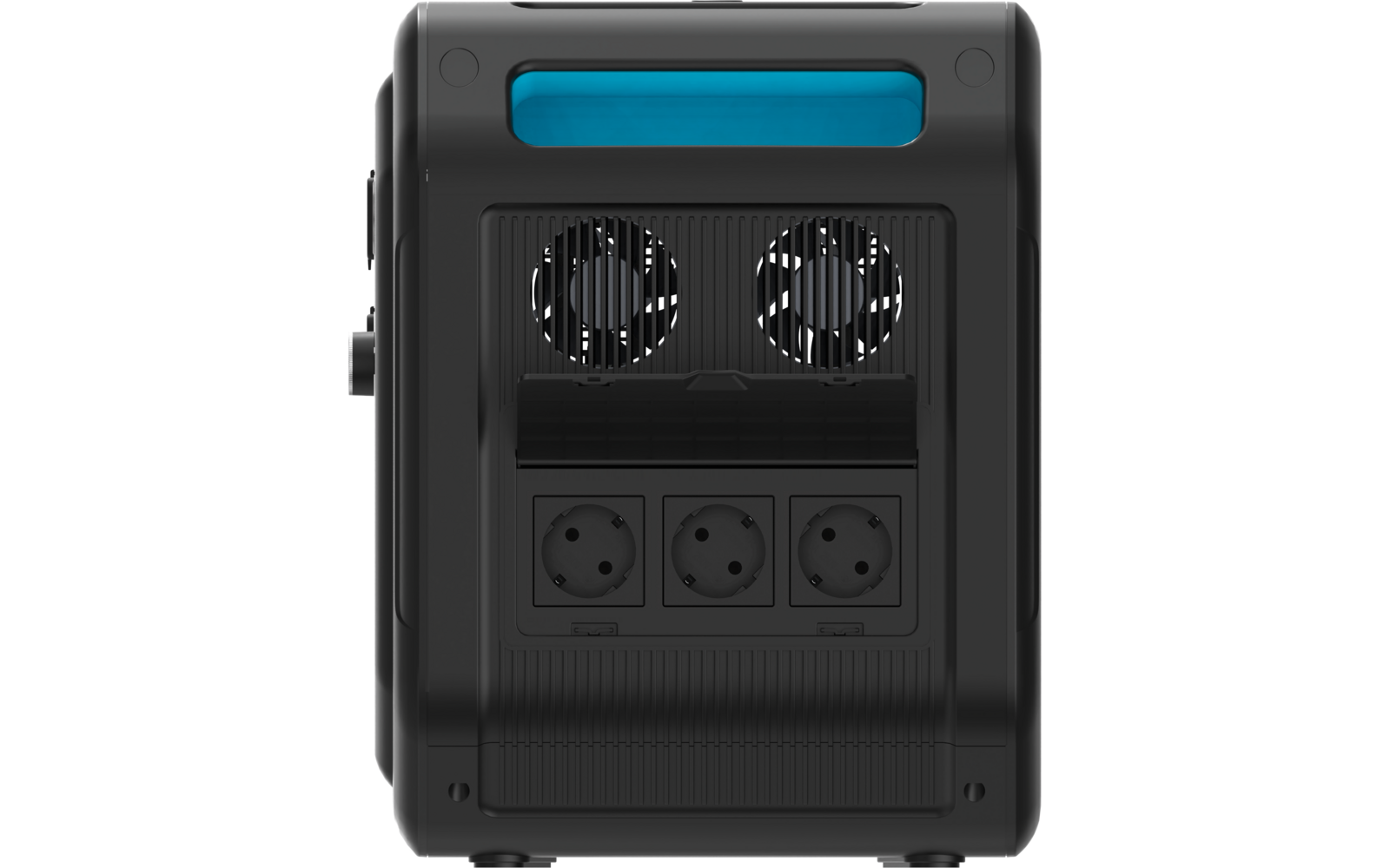 Schwarzes rechteckiges Gerät mit blauem Griff oben, zwei runden Lüfteröffnungen mit Gitter, einem Fach und drei runden Steckdosen in einer Reihe