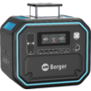 Schwarzes rechteckiges Gerät mit Berger-Logo, Display, Anschlüssen und türkisfarbener Umrandung