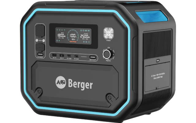 Schwarzes rechteckiges Gerät mit blauer Umrandung, Frontdisplay, Tasten, Anschlüssen, "Berger"-Logo und Tragegriff