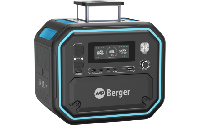Schwarzes rechteckiges Gerät mit Berger-Logo, Display, Anschlüssen und türkisfarbener Umrandung
