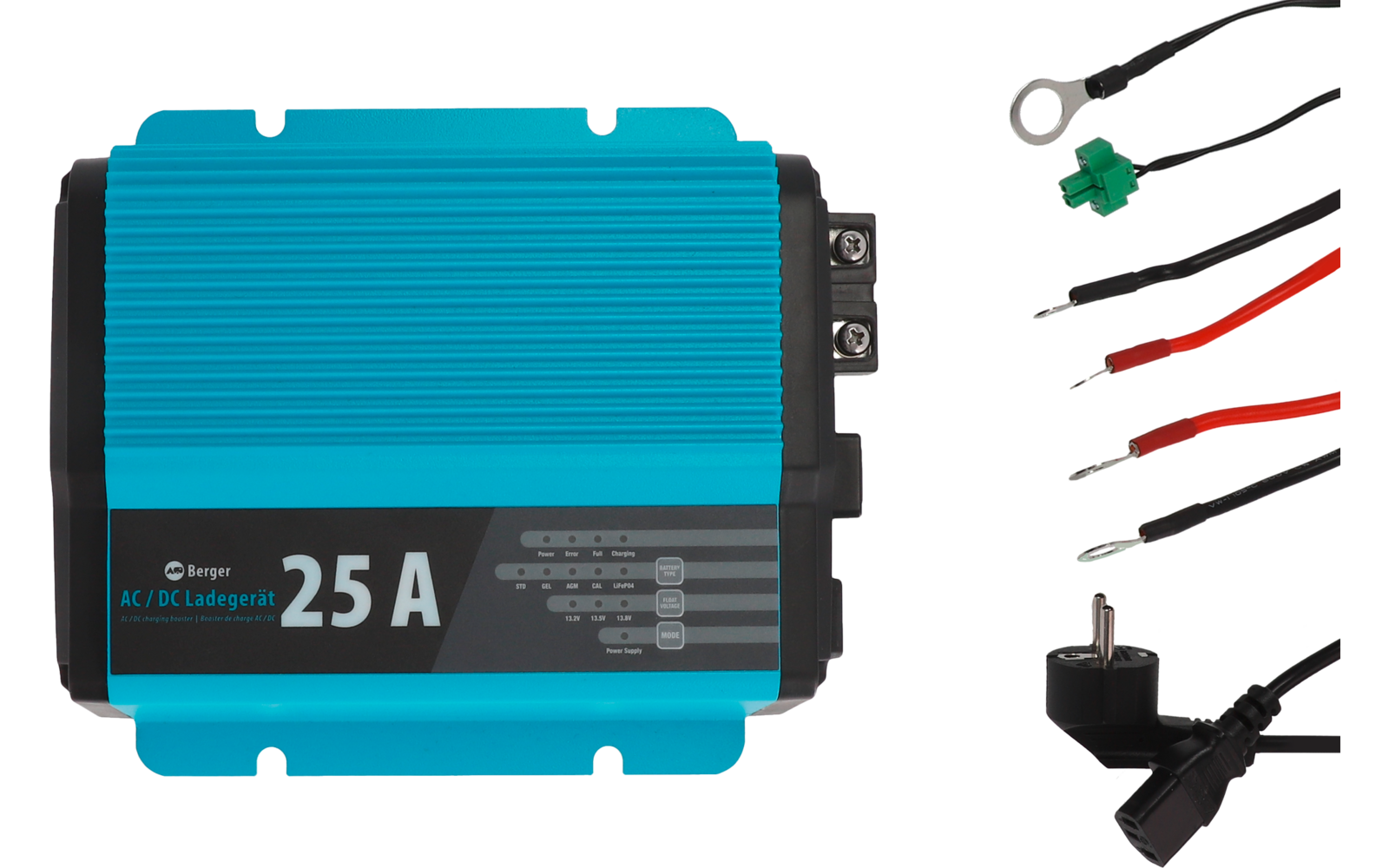 Blauer elektronischer Spannungswandler mit Kabeln und Steckern
