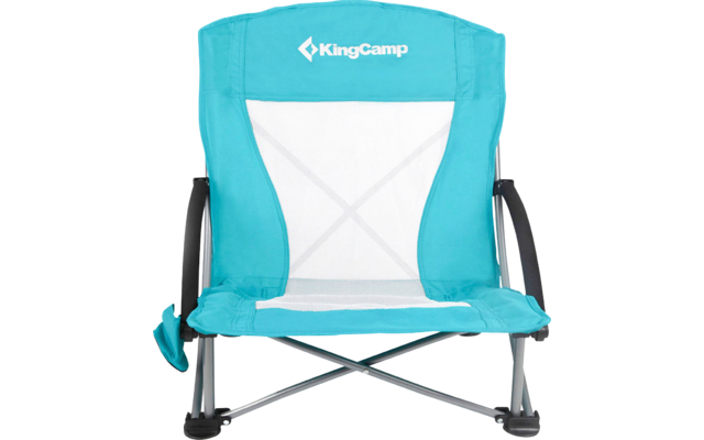Chaise de camping bleue avec des détails blancs et noirs, pliable