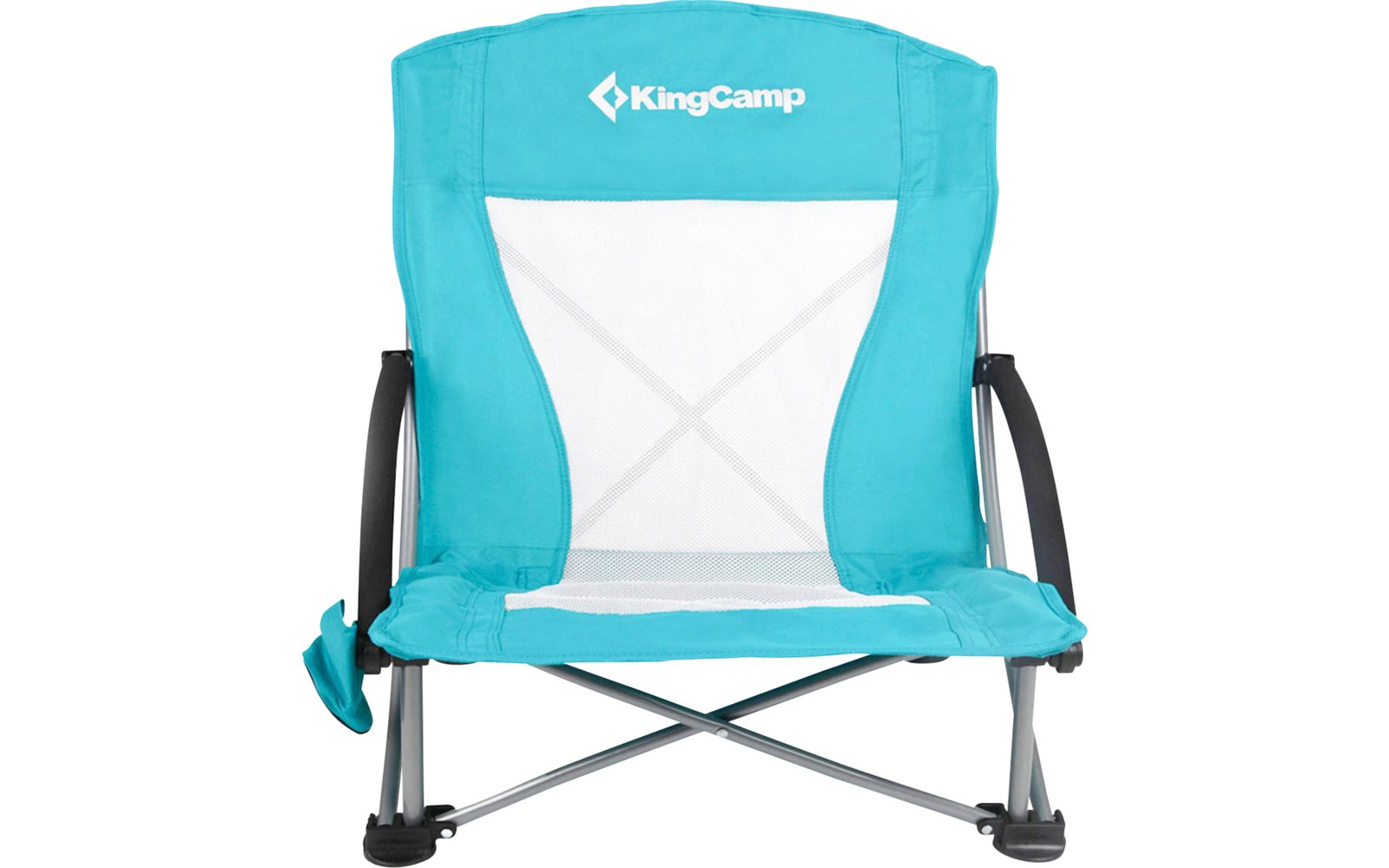 Chaise de camping bleue avec des détails blancs et noirs, pliable
