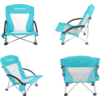 Chaise de camping légère en métal et tissu turquoise, vue sous quatre angles