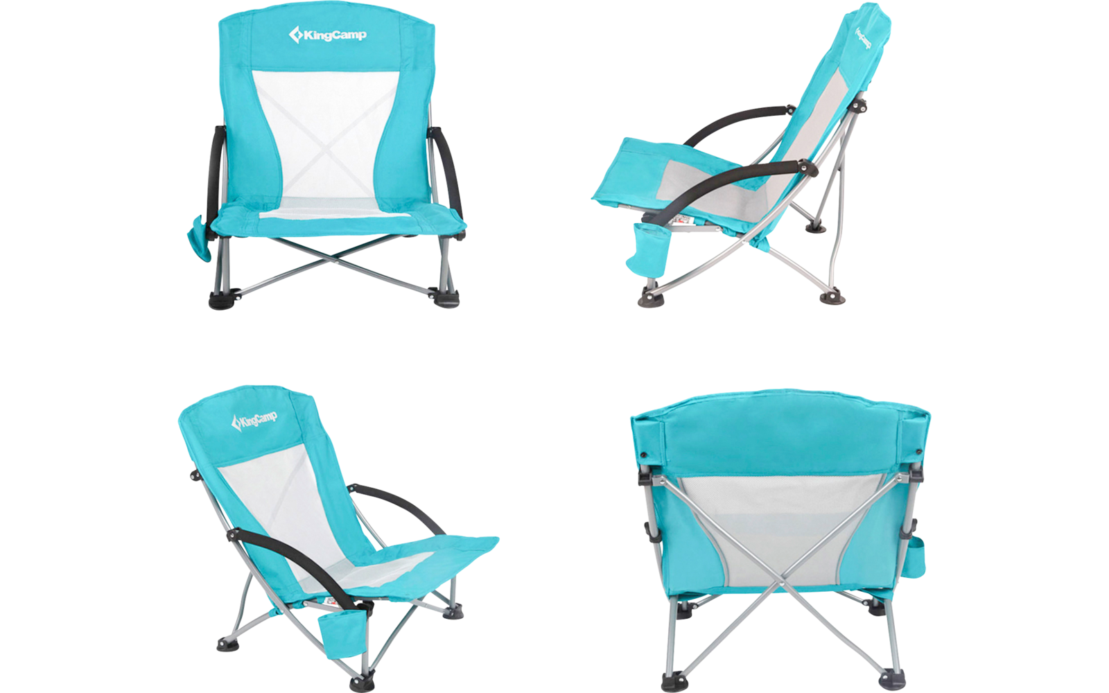 Chaise de camping légère en métal et tissu turquoise, vue sous quatre angles