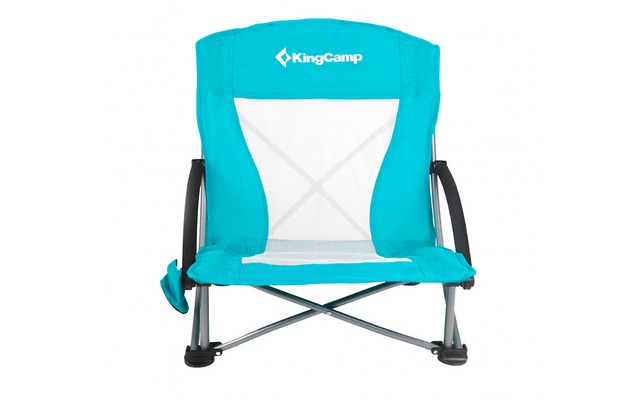 Blauer Campingstuhl mit weißen und schwarzen Details, faltbar