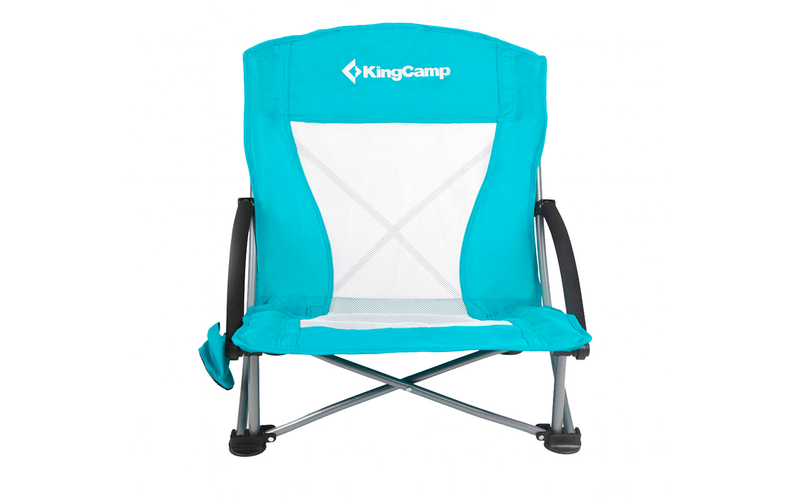Blauer Campingstuhl mit weißen und schwarzen Details, faltbar