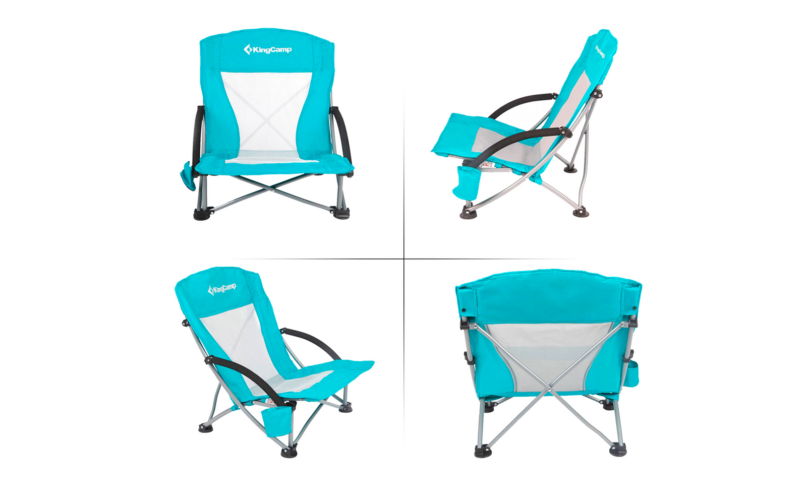 Leichter Campingstuhl aus Metall und textiler Bespannung in Türkis, vier Ansichten