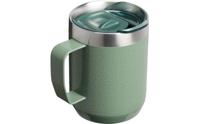 Grüner, strukturierter Isolierbecher mit Griff, gebürstetem Edelstahlrand und transparentem Deckel mit Schiebemechanismus