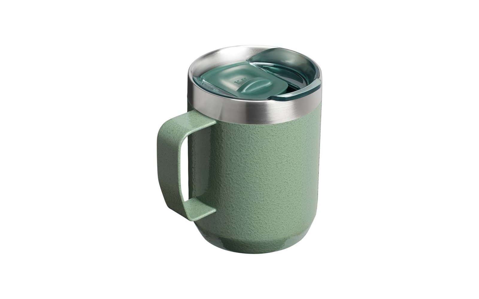 Grüner, strukturierter Isolierbecher mit Griff, gebürstetem Edelstahlrand und transparentem Deckel mit Schiebemechanismus