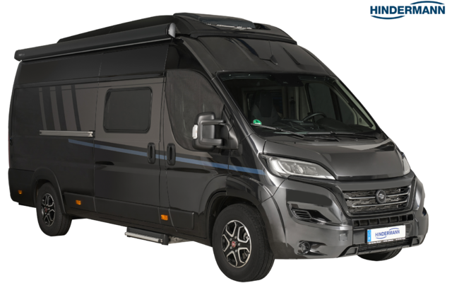 Furgone camper grigio scuro con porta scorrevole laterale, finestrini, tendalino estraibile e ruote nere