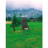 Sillón reclinable y árbol pequeño en pradera verde, casas y montañas al fondo bajo cielo nublado