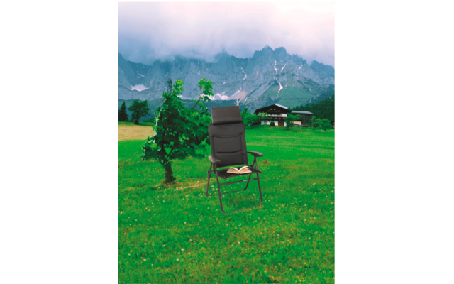 Sillón reclinable y árbol pequeño en pradera verde, casas y montañas al fondo bajo cielo nublado