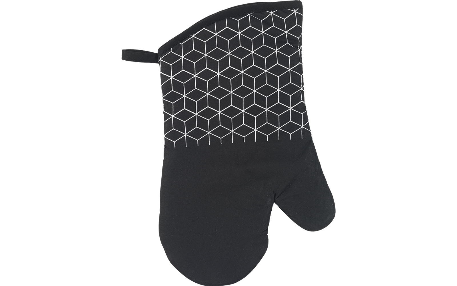 Zwarte ovenwant met wit geometrisch patroon bovenop