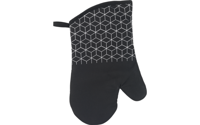 Zwarte ovenwant met wit geometrisch patroon bovenop