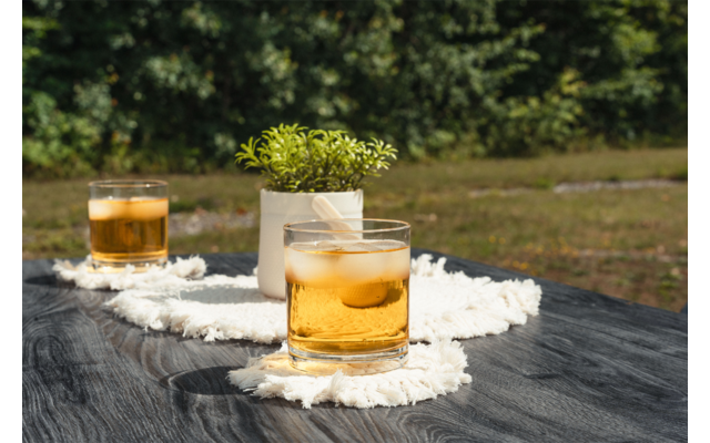 Deux verres avec un liquide ambré et des glaçons sur une table en bois foncé, à côté d'un pot blanc avec une petite plante verte, fond de jardin flou
