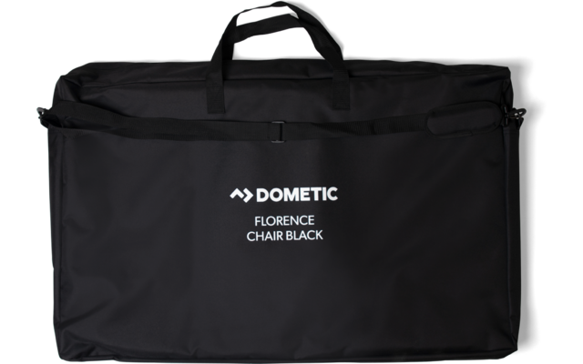 Schwarze rechteckige Transporttasche mit zwei Tragegriffen und weißem Schriftzug "DOMETIC" und darunter "FLORENCE CHAIR BLACK"