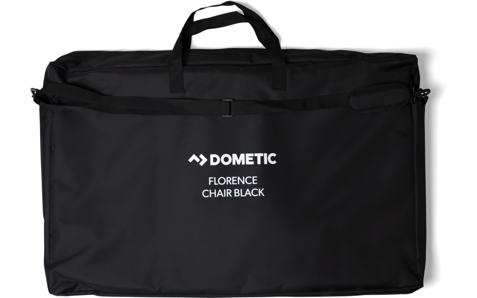 Schwarze rechteckige Transporttasche mit zwei Tragegriffen und weißem Schriftzug "DOMETIC" und darunter "FLORENCE CHAIR BLACK"