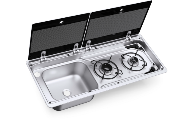 Edelstahl-Küchenspüle mit zwei Kochfeldern und zwei offenen Abdeckungen