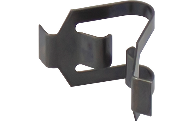 Dunkelgrauer Metallclip mit gebogenem Federband, rechteckiger Platte und spitz zulaufendem Ende