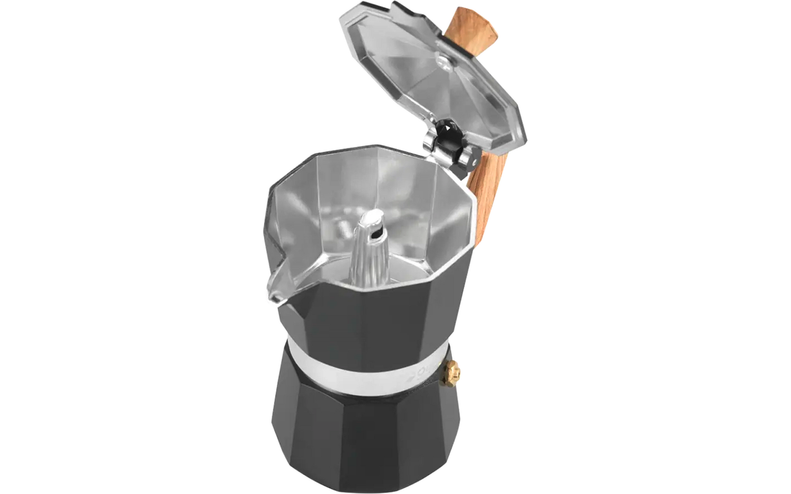 Zilveren espressomaker met houten handvat en open deksel