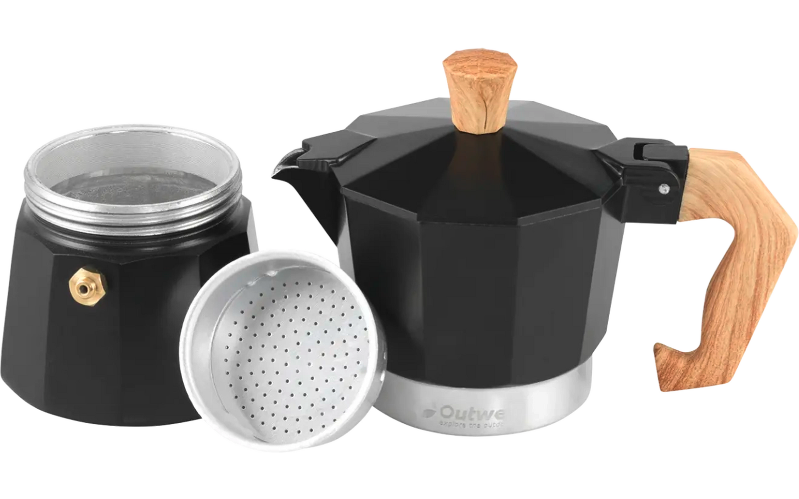 Zwarte espressomaker met houten handvat en zilveren koffiefilter ernaast