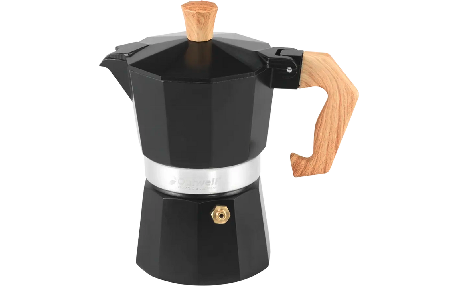 Zwarte espressomaker met houten handgreep en houten knop op het deksel