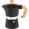 Zwarte espressomaker met houten handgreep en houten knop op het deksel